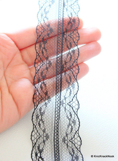 Wholesale Black Embroidered Net Lace Trim Ribbon 45mm wide, Delicate Lace, Lingerie